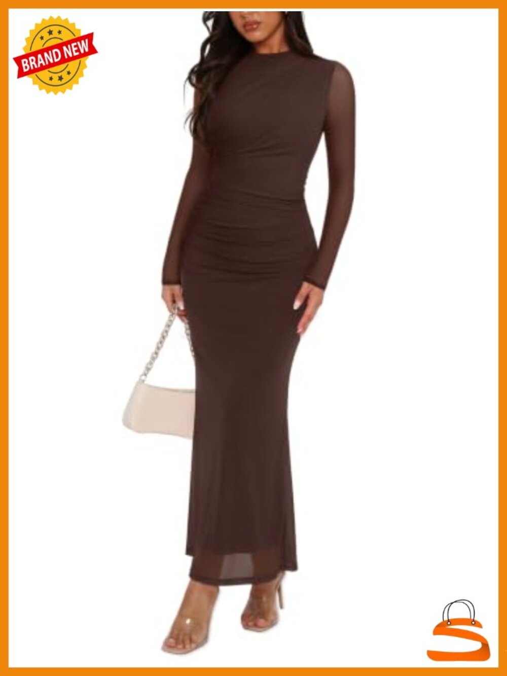 Women's Long Sleeve Mock Neck Bodycon Maxi Dress Mesh Ruched Sexy